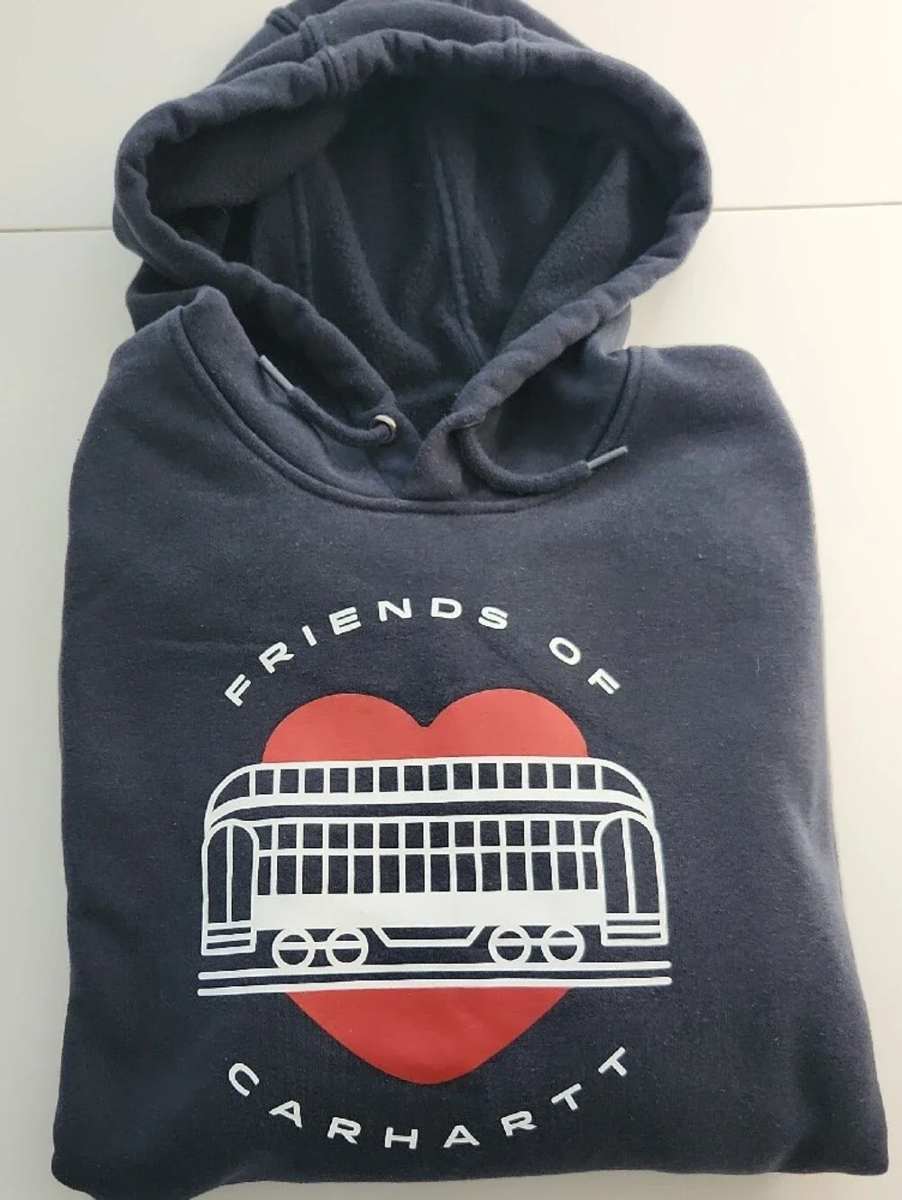 Carhartt Navy Hoodie with Red Heart Transit Graphic
